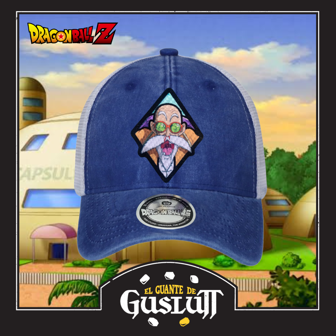 Gorra Dragon Ball Z Maestro Roshi Azul Royal/Blanca Trucker Tipo Deslavada