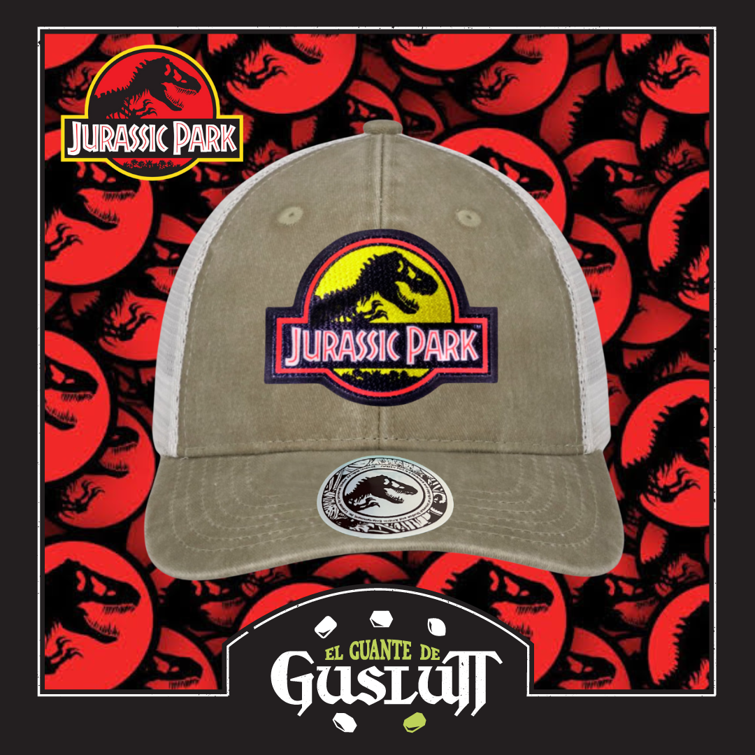 Gorra Jurassic Park Logo Clásico Amarillo Beige/Blanca Tipo Trucker Deslavada