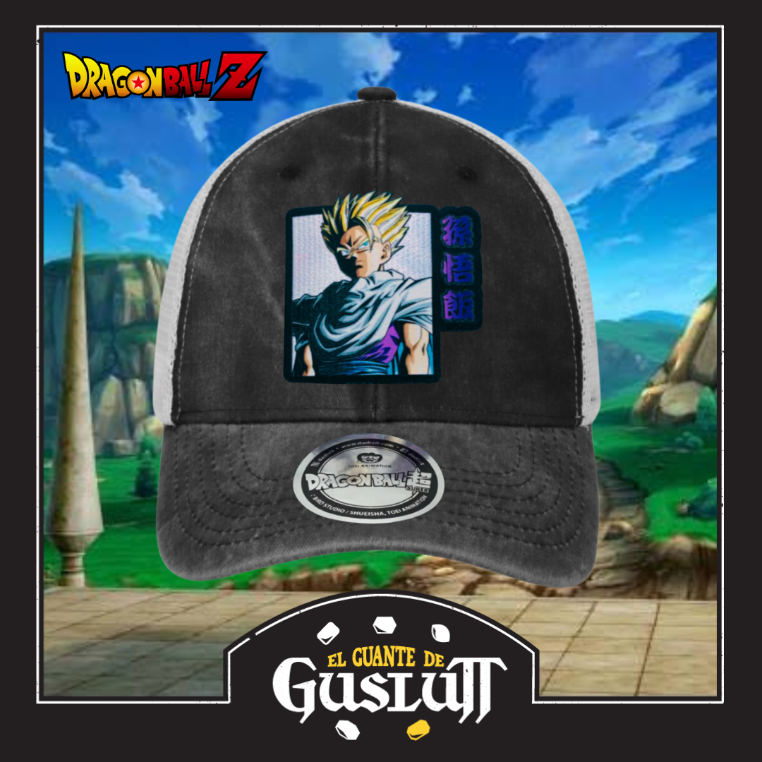 Gorra Dragon Ball Z Son Gohan Gris-Blanca Tipo Trucker Deslavada