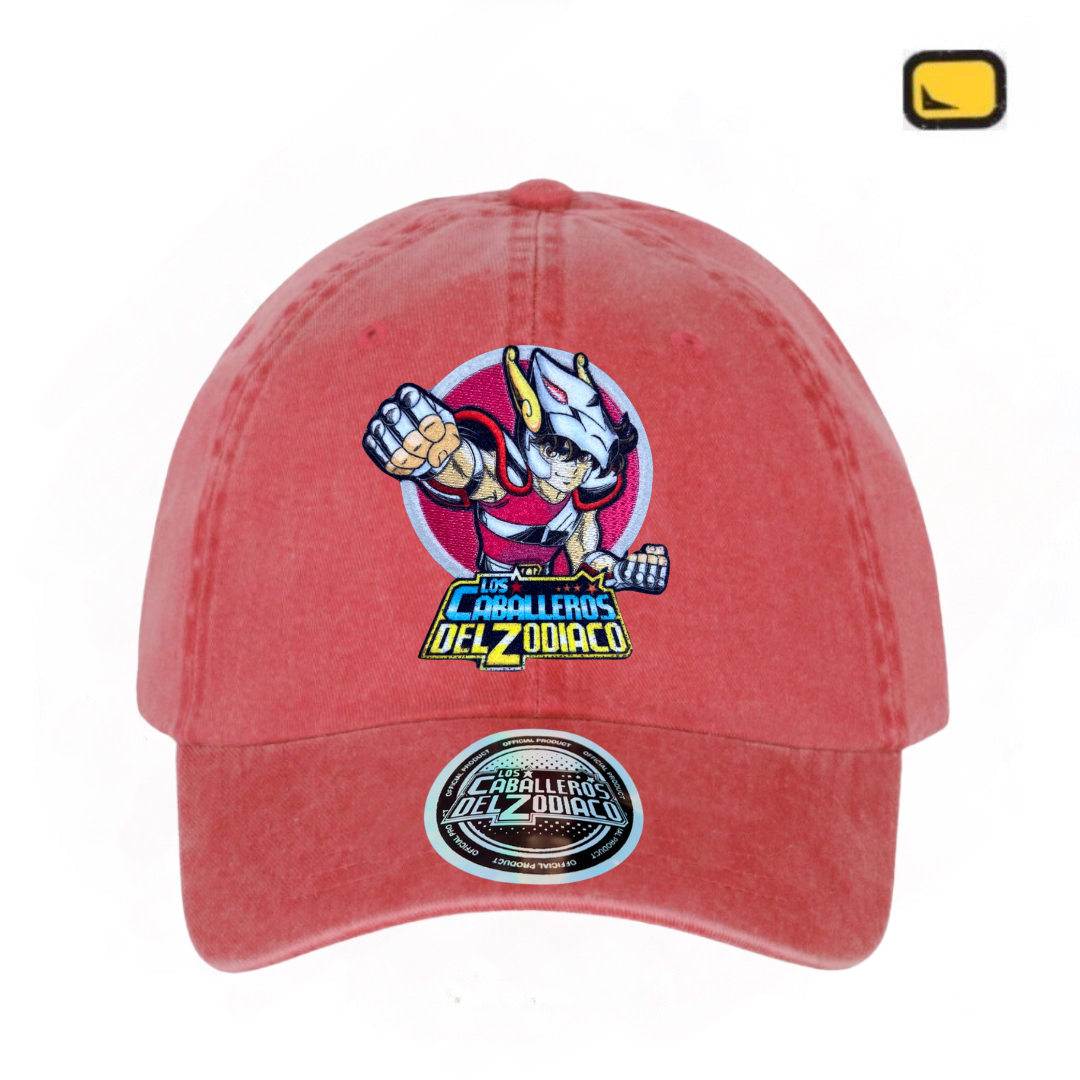 Gorra Los Caballeros del Zodiaco Seiya Roja Tipo Deslavada