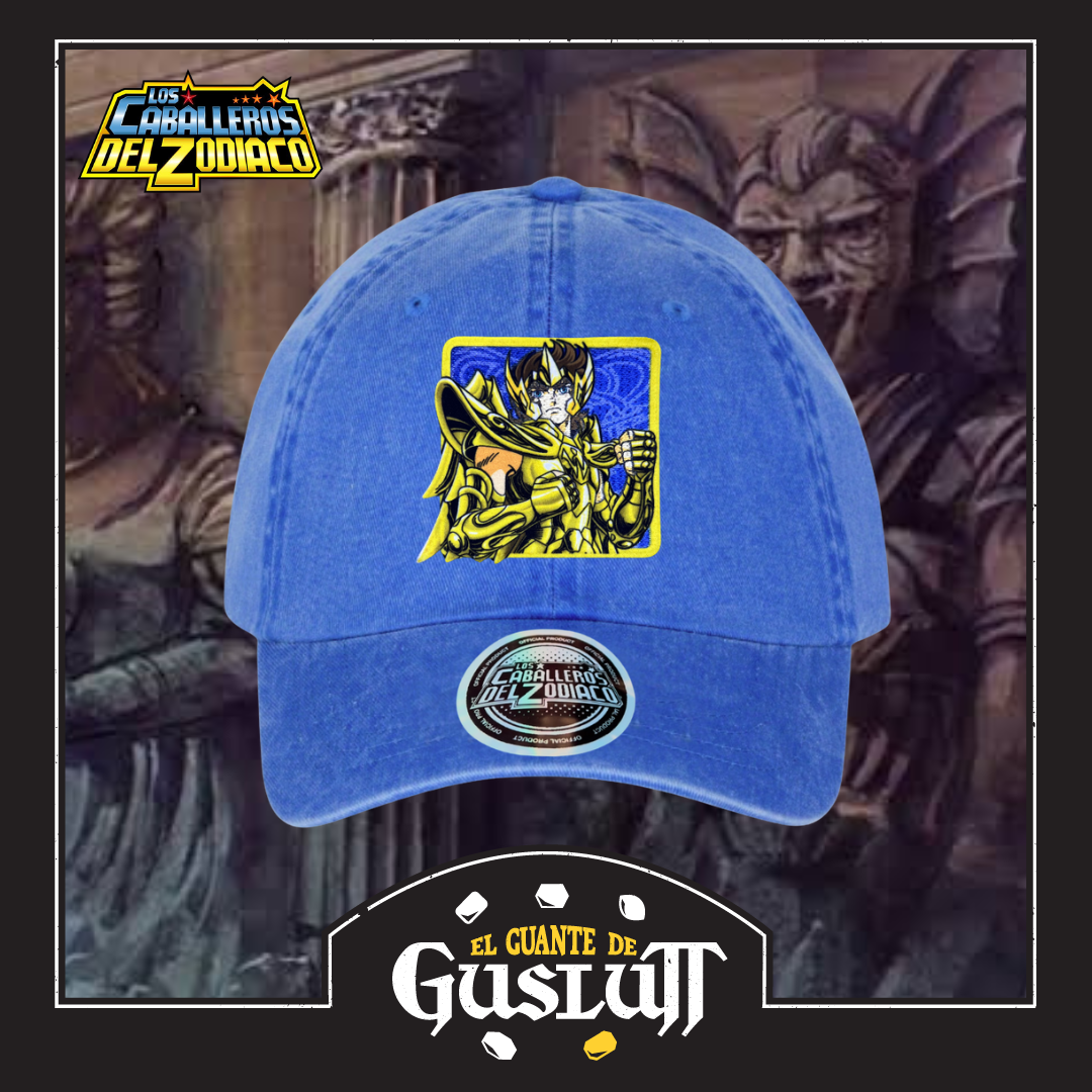 Gorra Los Caballeros del Zodiaco Aiolos de Sagitario Azul Royal Tipo Deslavada
