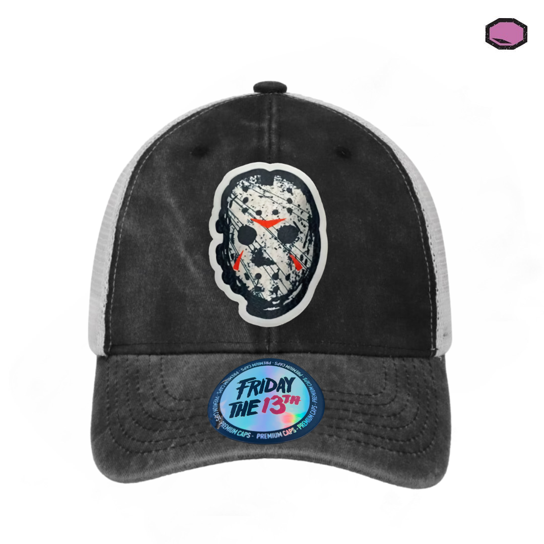 Gorra Friday the 13th Jason Voorhees Gris/Blanca Tipo Trucker Deslavada