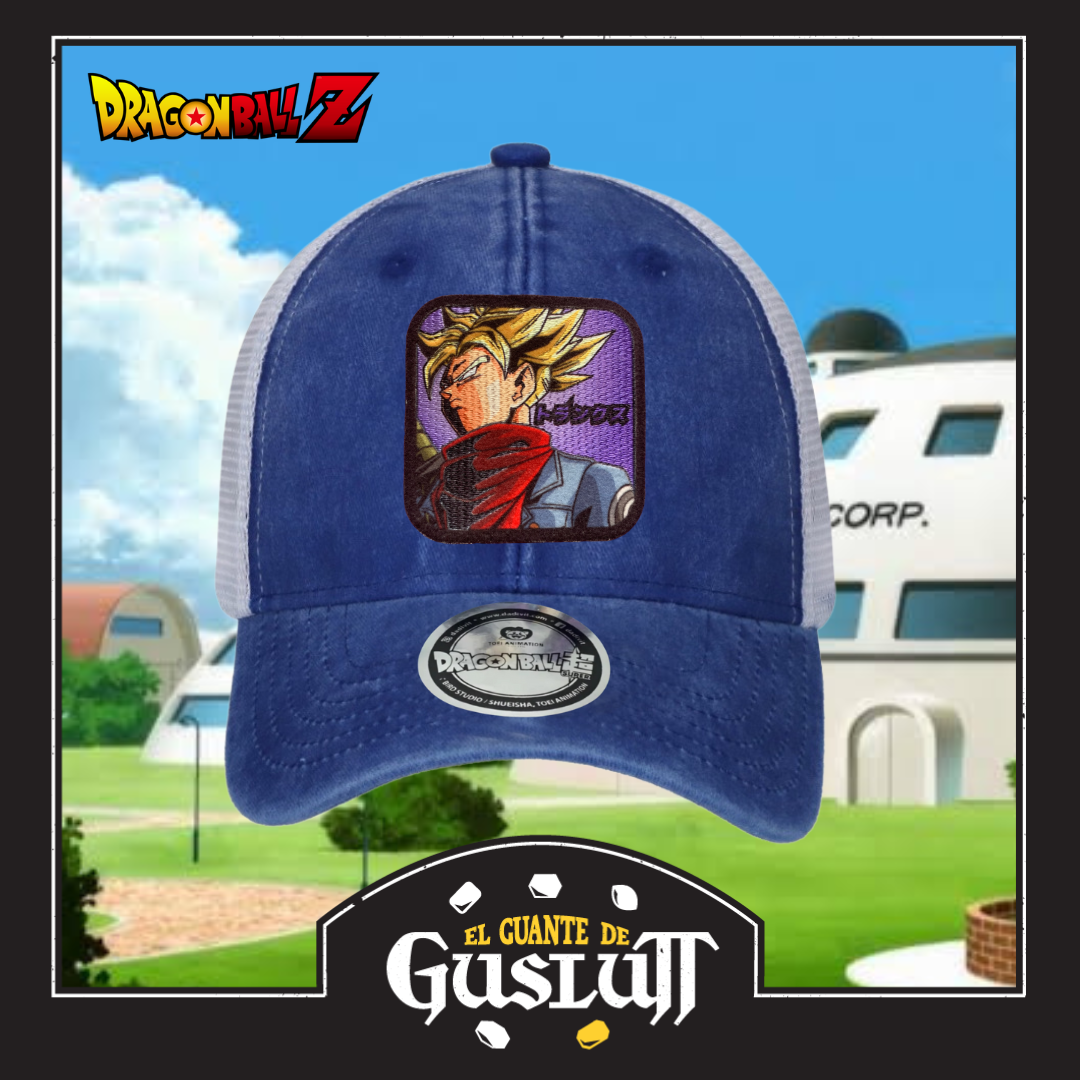 Gorra Dragon Ball Z Trunks del Futuro Azul Royal Tipo Trucker Deslavada