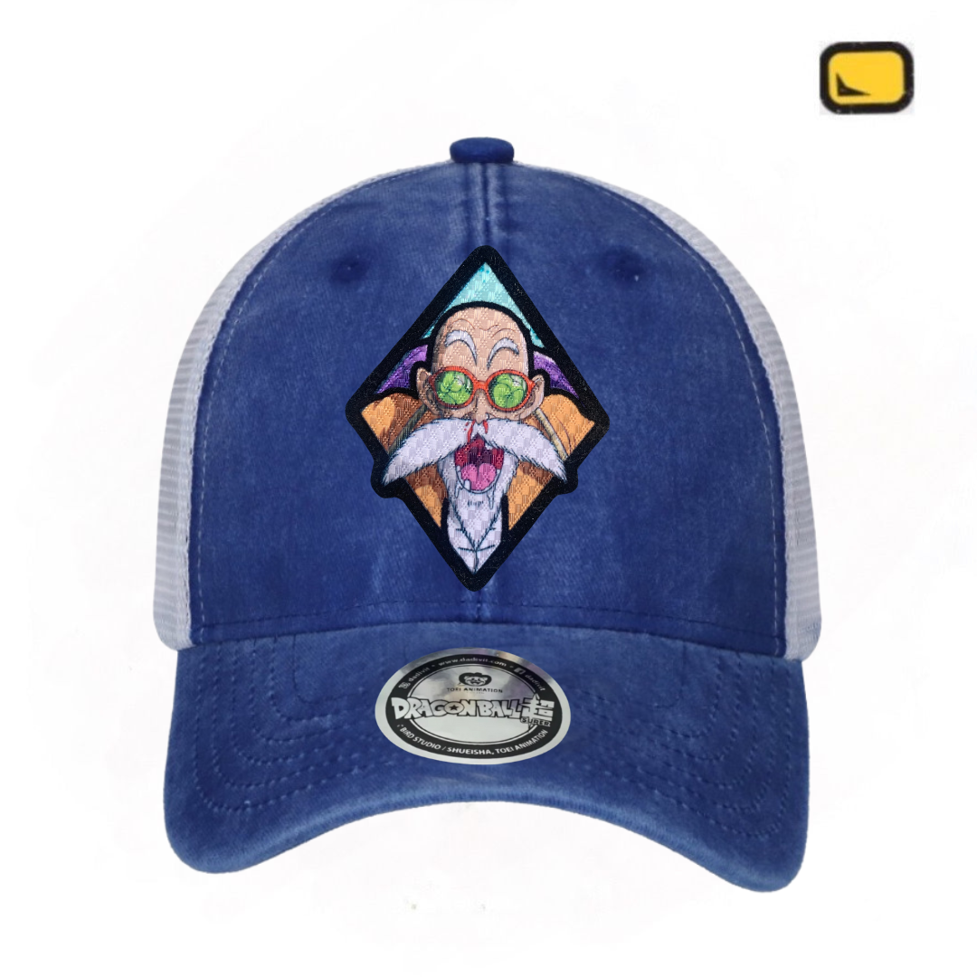 Gorra Dragon Ball Z Maestro Roshi Azul Royal/Blanca Trucker Tipo Deslavada