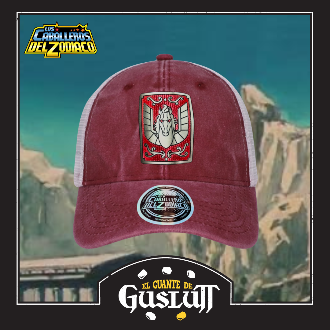 Gorra Los Caballeros del Zodiaco Caja de Pandora Seiya de Pegaso Roja/Blanca Tipo Trucker Deslavada