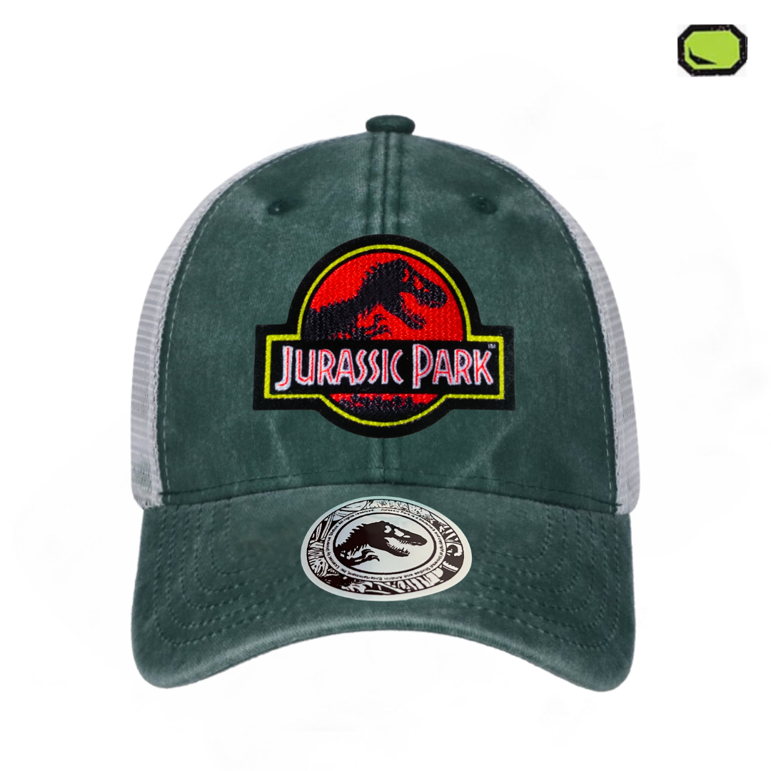 Gorra Jurassic Park Logo Clásico Rojo Verde/Blanca Tipo Trucker Deslavada