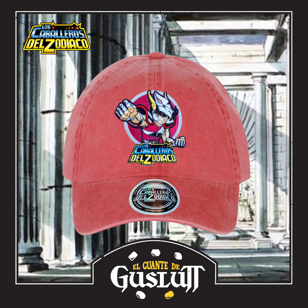 Gorra Los Caballeros del Zodiaco Seiya Roja Tipo Deslavada