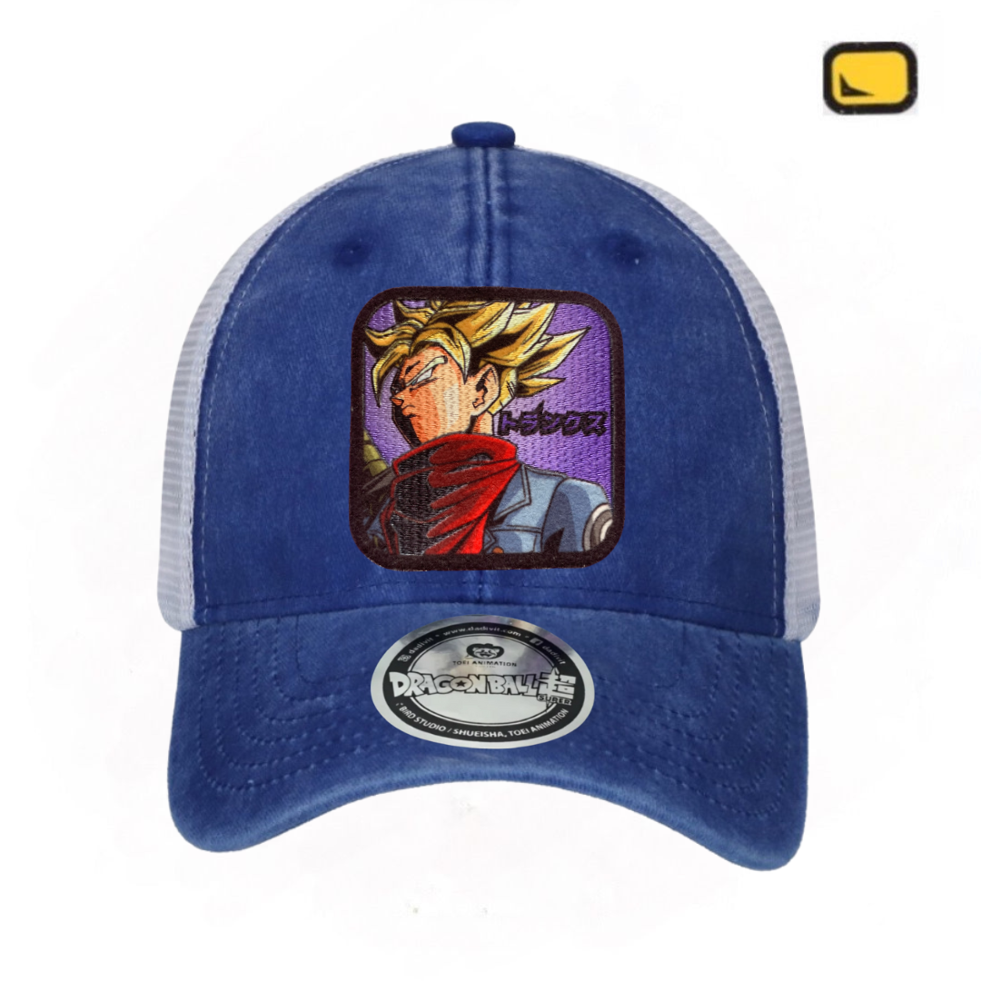 Gorra Dragon Ball Z Trunks del Futuro Azul Royal Tipo Trucker Deslavada