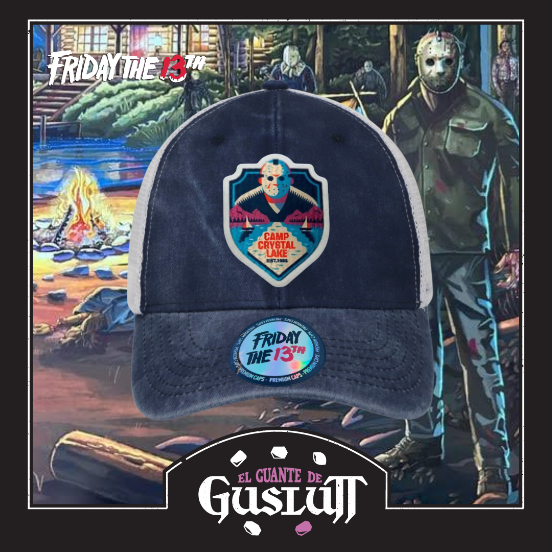 Gorra Friday the 13th Camp Crystal Lake Est. 1935 Azul/Blanca Tipo Trucker Deslavada