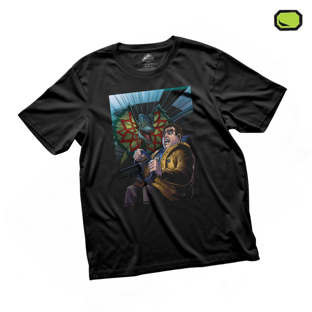 Playera Jurassic Park Dennis Nedry & Dilophosaurus Negra