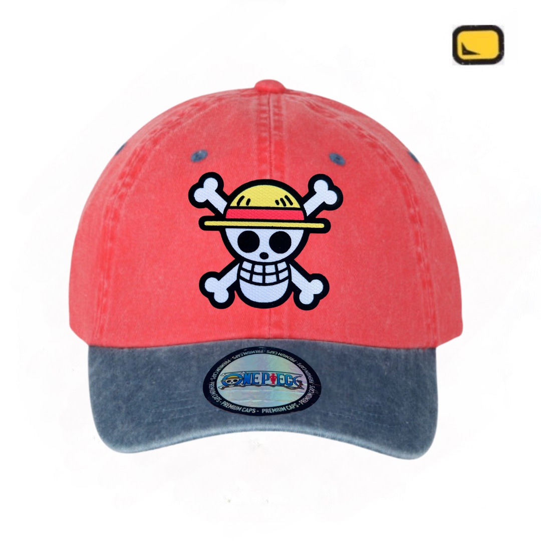 Gorra One Piece Bandera Monkey D. Luffy Coral/Azul Tipo Deslavada