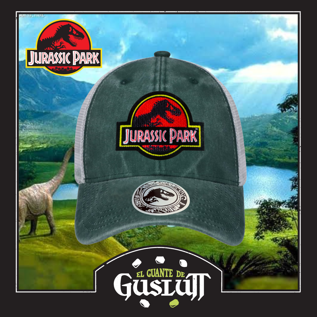 Gorra Jurassic Park Logo Clásico Rojo Verde/Blanca Tipo Trucker Deslavada