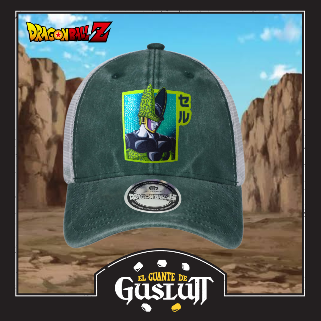 Gorra Dragon Ball Z Cell Perfecto Verde/Blanca Tipo Trucker Deslavada