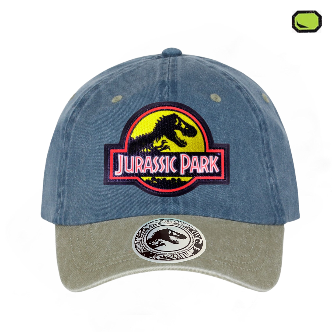 Gorra Jurassic Park Logo Clásico Amarillo Azul/Beige Tipo Deslavada