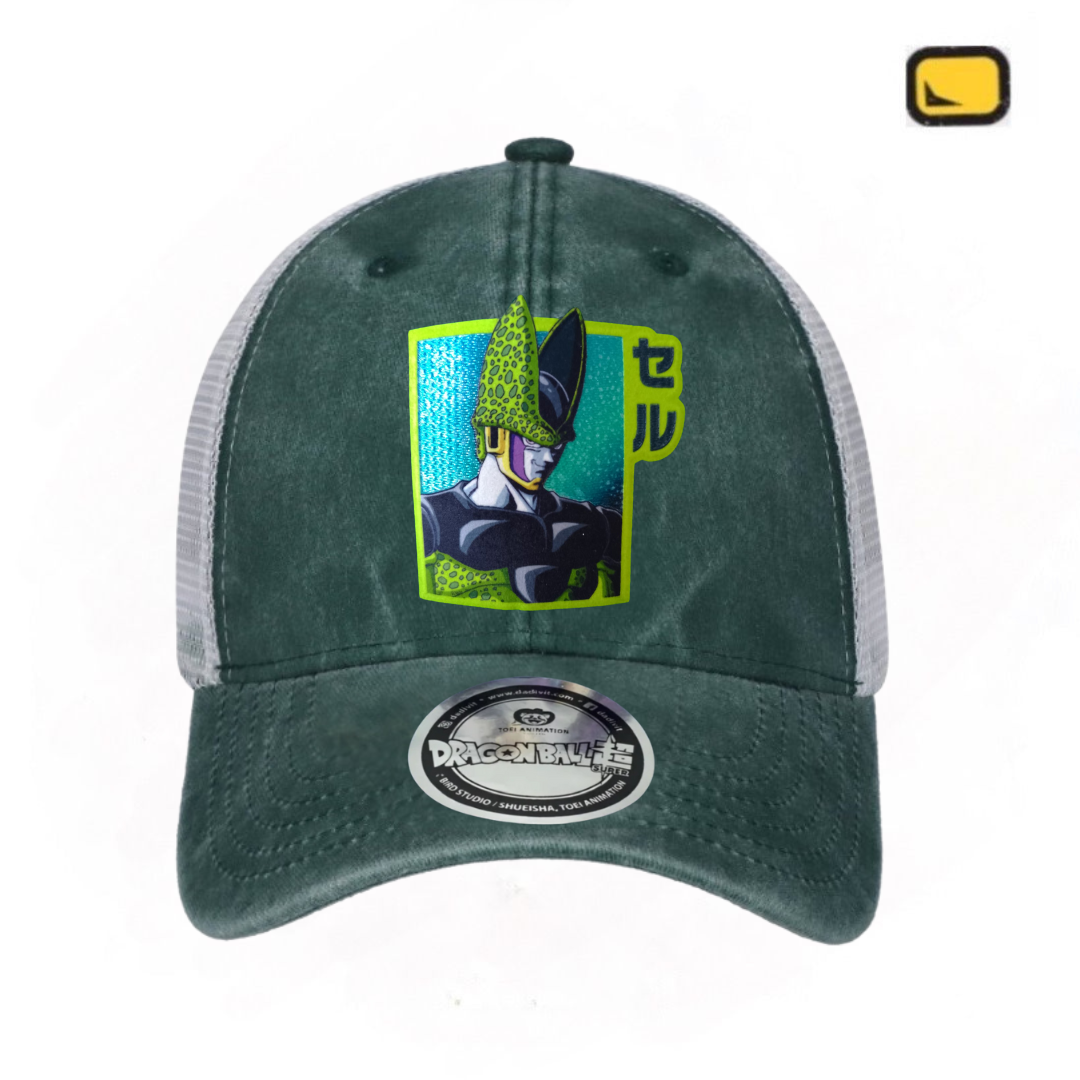 Gorra Dragon Ball Z Cell Perfecto Verde/Blanca Tipo Trucker Deslavada