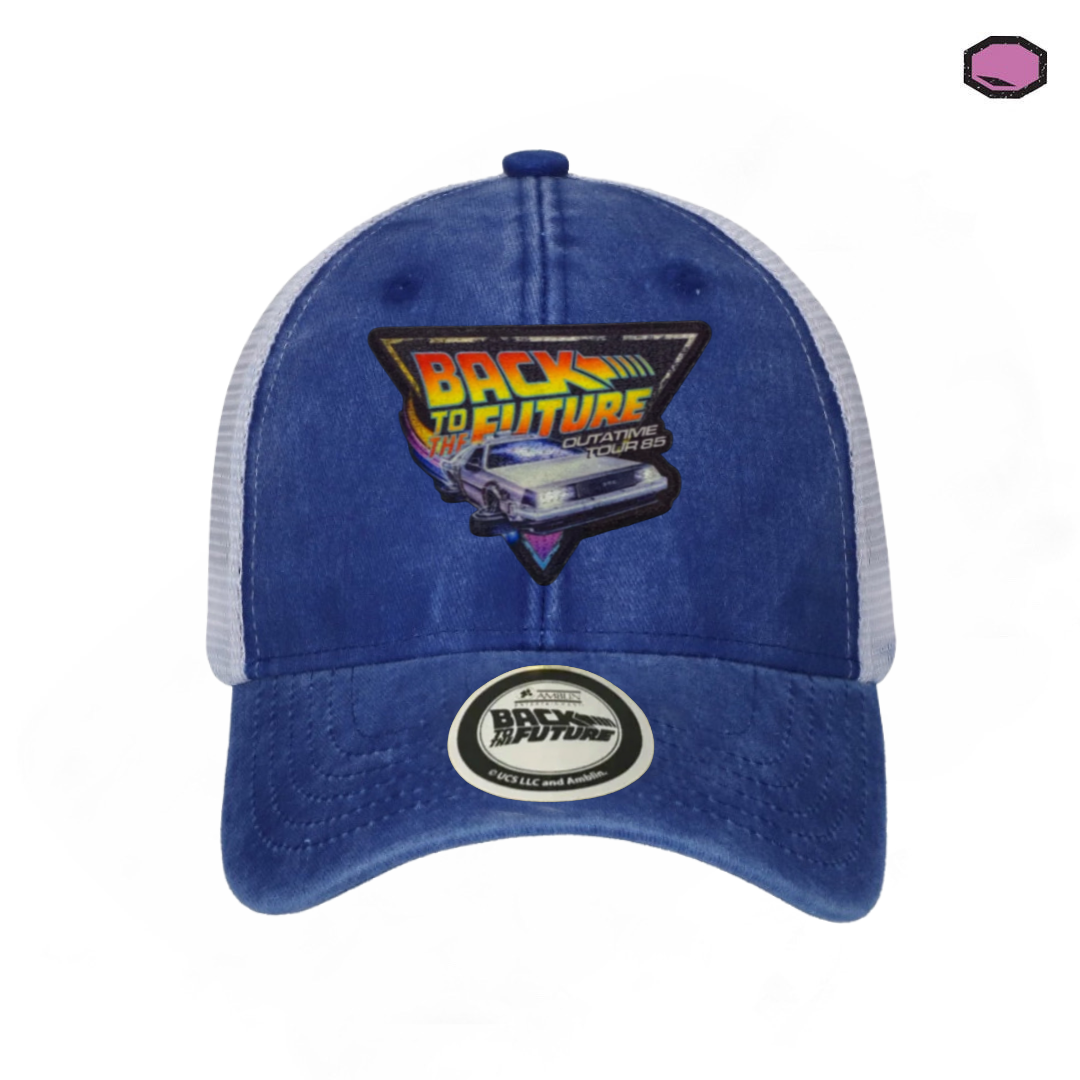 Gorra Back to the Future Outatime Tour 85 Azul Royal/Blanca Tipo Trucker Deslavada