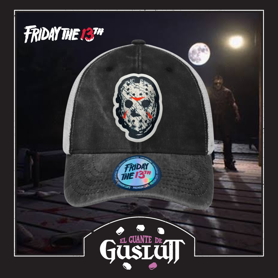 Gorra Friday the 13th Jason Voorhees Gris/Blanca Tipo Trucker Deslavada