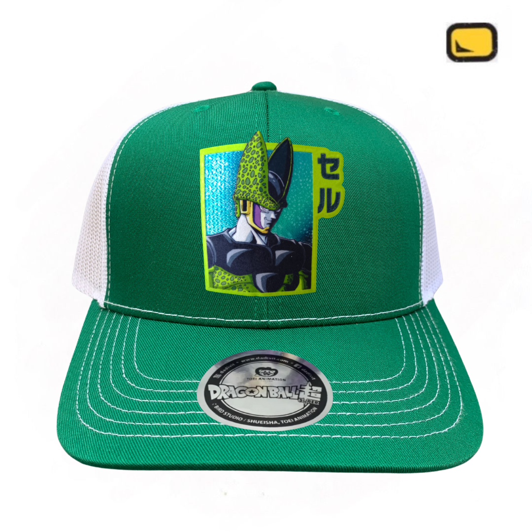 Gorra Dragon Ball Z Cell Perfecto Verde/Blanca Premium Tipo Trucker Premium