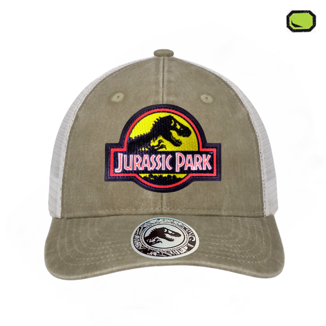 Gorra Jurassic Park Logo Clásico Amarillo Beige/Blanca Tipo Trucker Deslavada