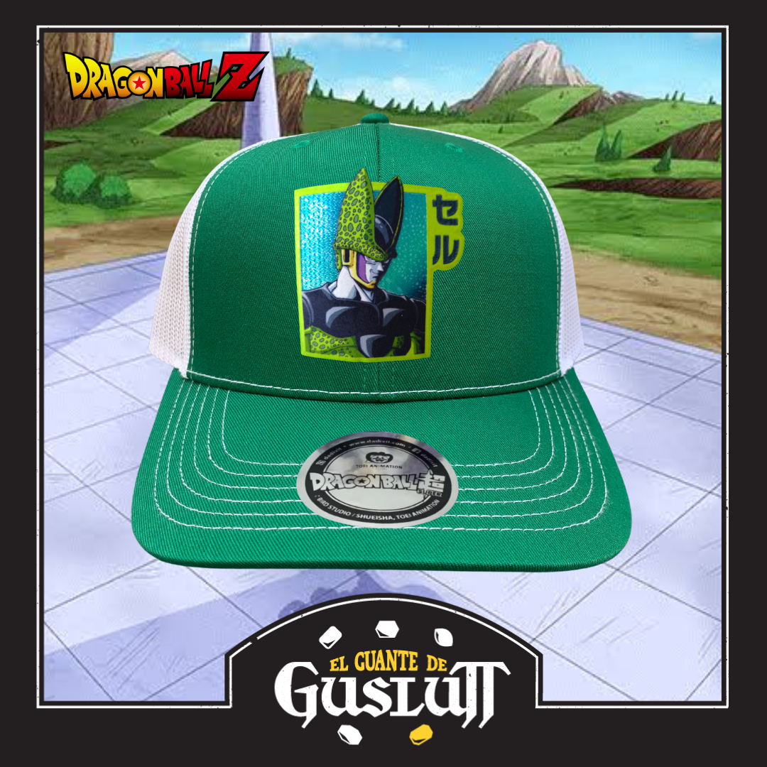 Gorra Dragon Ball Z Cell Perfecto Verde/Blanca Premium Tipo Trucker Premium