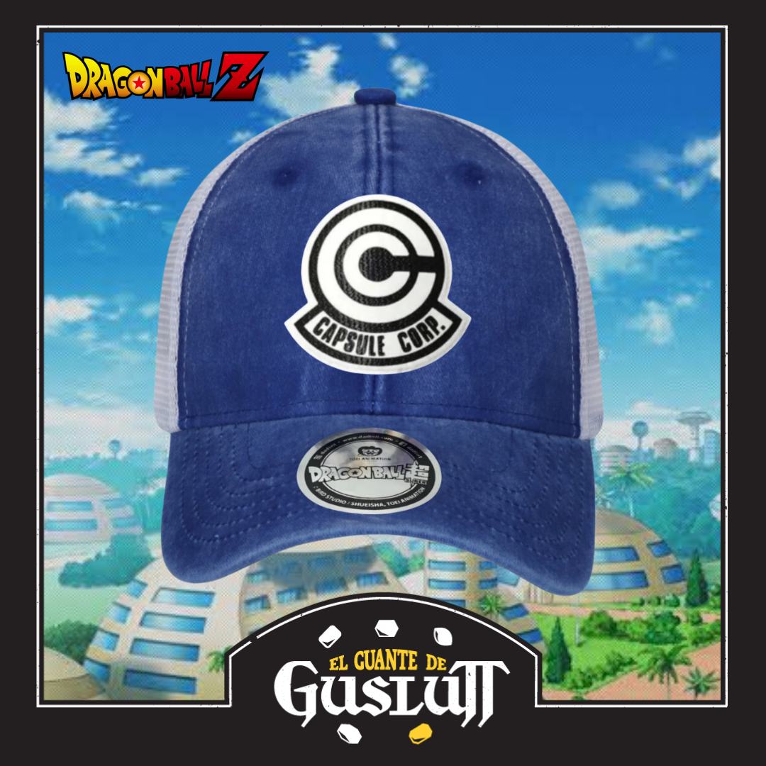 Gorra Dragon Ball Z Capsule Corp Logo Azul Royal/Blanca Tipo Trucker Deslavada