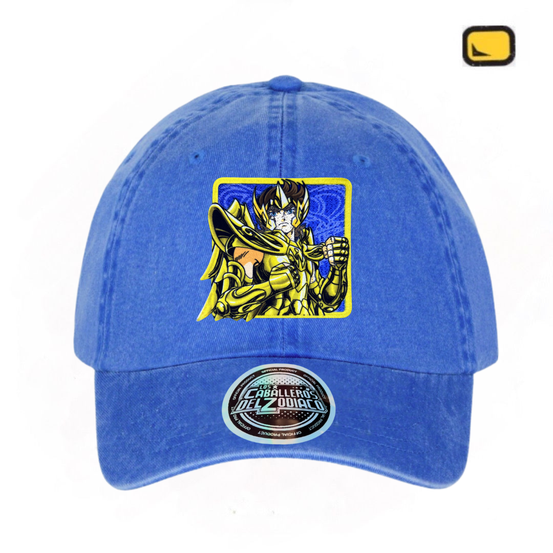 Gorra Los Caballeros del Zodiaco Aiolos de Sagitario Azul Royal Tipo Deslavada