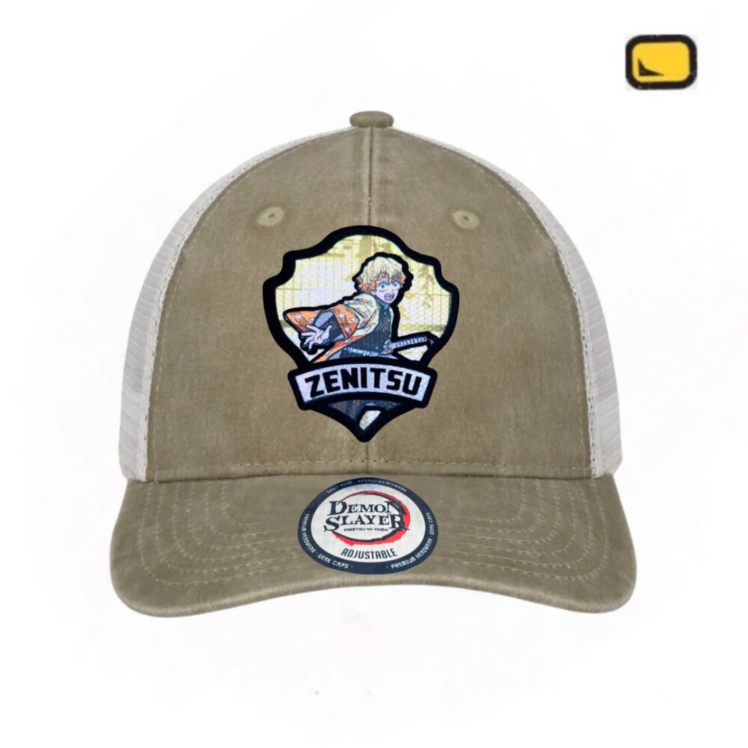 Gorra Demon Slayer: Kimetsu No Yaiba Zenitsu Agatsuma Beige/Blanca Tipo Trucker Deslavada