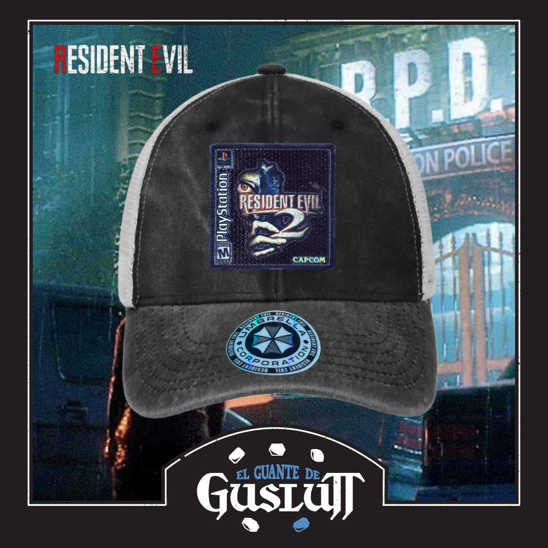 Gorra Resident Evil 2 Game Cover Gris/Blanca Tipo Trucker Deslavada