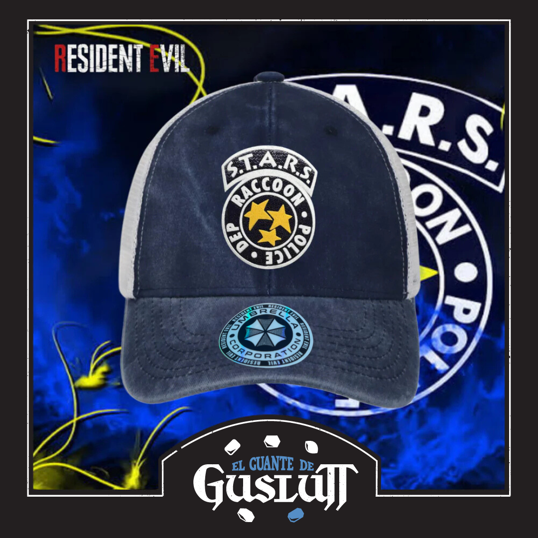 Gorra Resident Evil S.T.A.R.S. Logo Azul/Blanca Tipo Trucker Deslavada