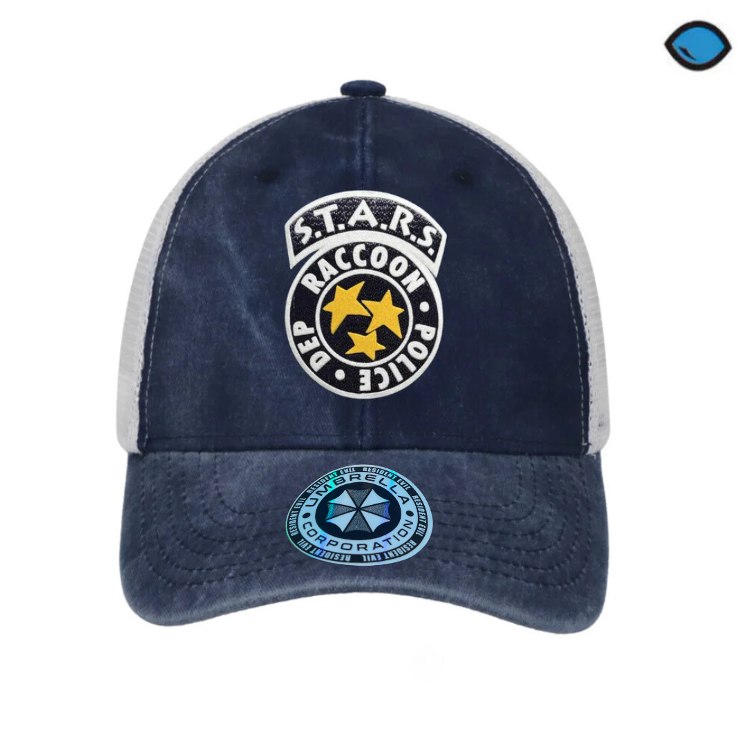 Gorra Resident Evil S.T.A.R.S. Logo Azul/Blanca Tipo Trucker Deslavada