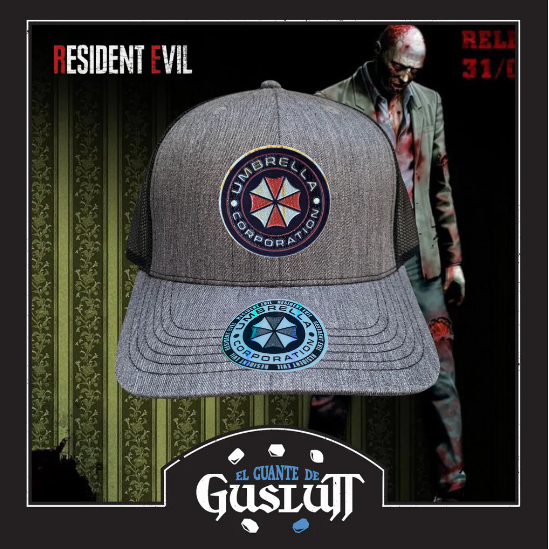 Gorra Resident Evil Umbrella Oxidized Crest Gris/Negra Tipo Trucker Premium