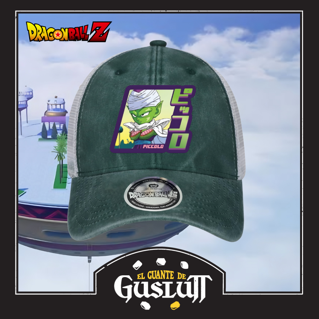 Gorra Dragon Ball Z Chibi Piccolo Verde/Blanca Tipo Trucker Deslavada