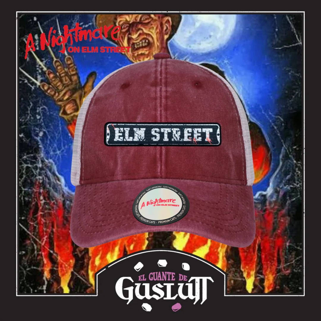 Gorra A Nightmare on Elm Street Street Sign Roja/Blanca Tipo Trucker Deslavada
