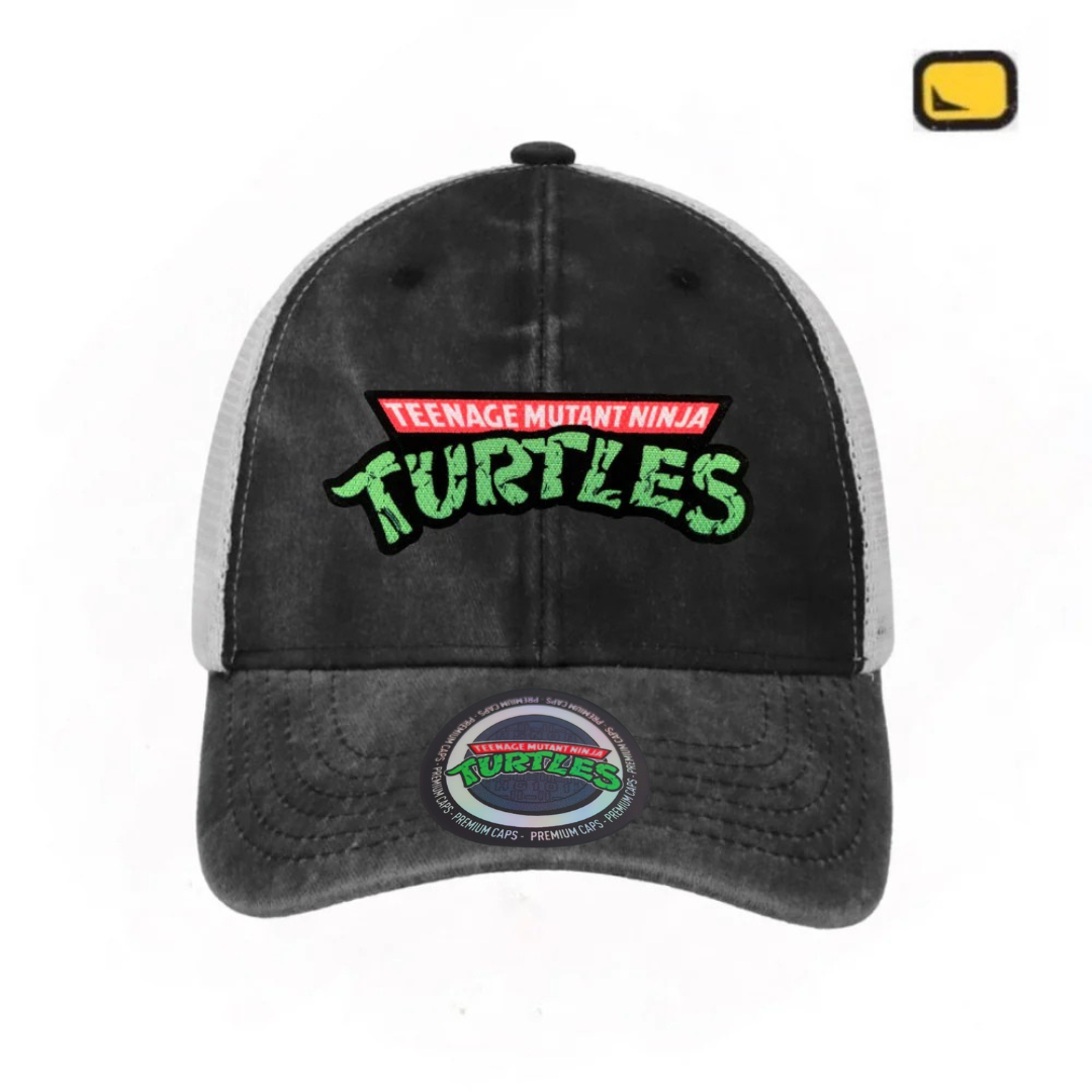 Gorra Tortugas Ninja Logo Clásico Gris/Blanca Tipo Trucker Deslavada