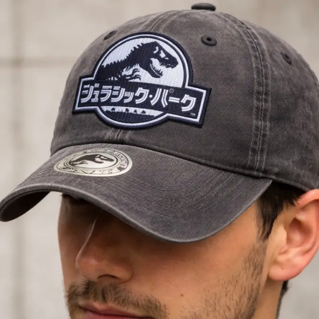 Gorra Jurassic Park Logo Japonés Gris Tipo Deslavada