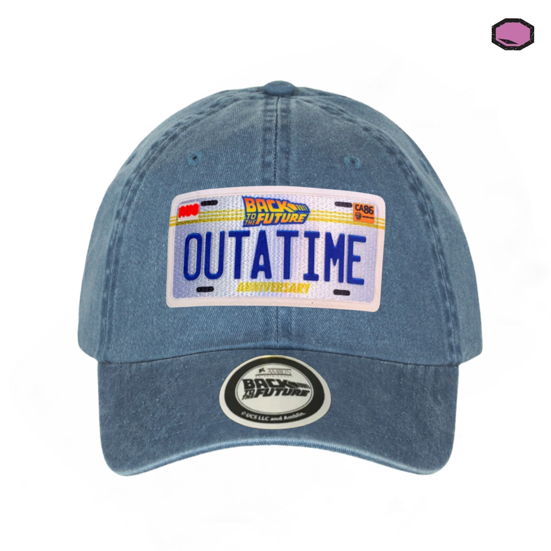 Gorra Back to the Future Placa Outatime Edición 35 Aniversario Azul Tipo Deslavada