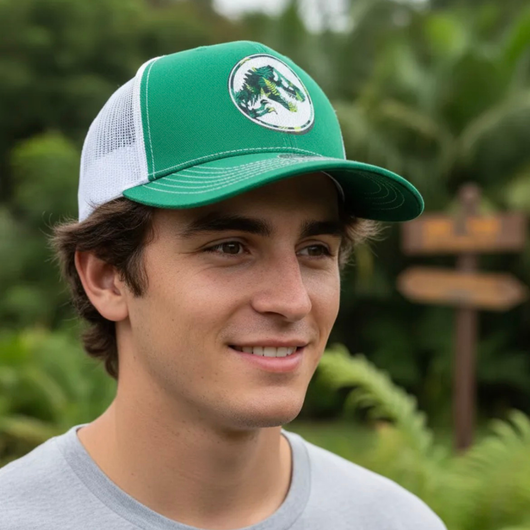 Gorra Jurassic World Logo Jungla Verde/Blanca Tipo Trucker Premium