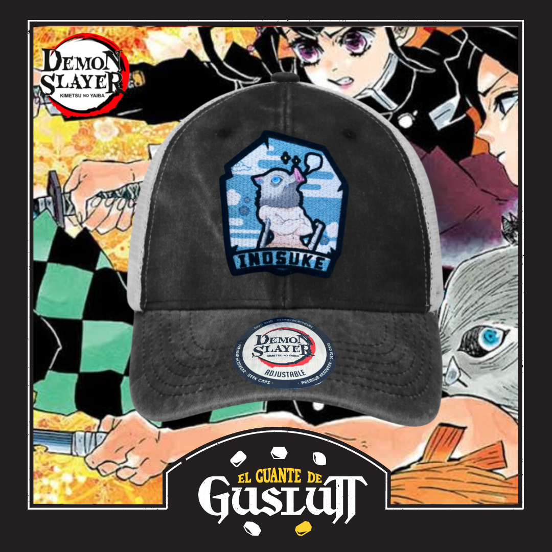 Gorra Demon Slayer: Kimetsu No Yaiba Inosuke Hashibira Gris/Blanca Tipo Trucker Deslavada