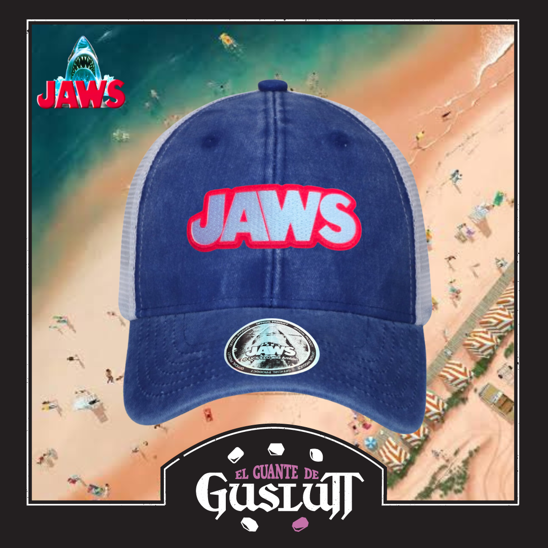 Gorra Jaws Logo Clásico Azul/Blanca Tipo Trucker Deslavada