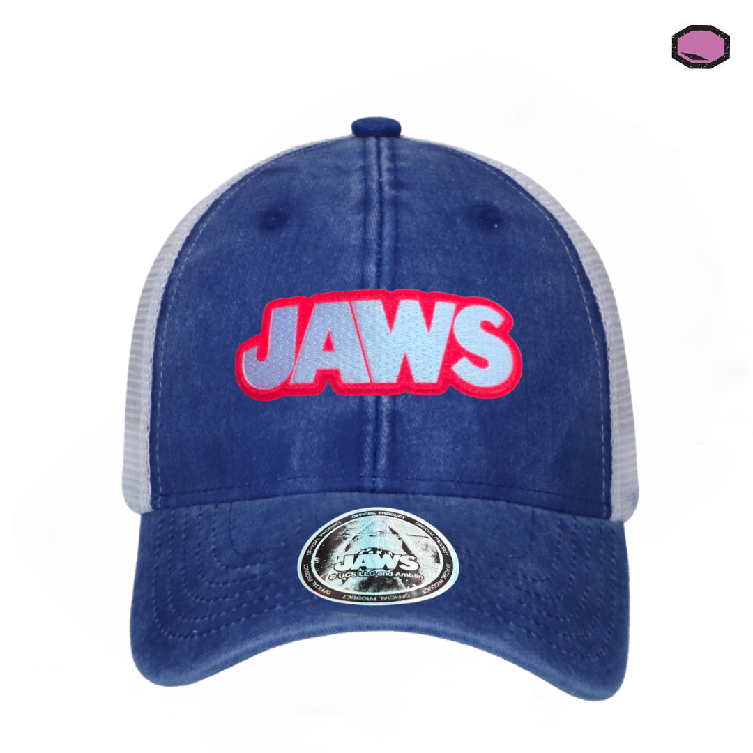 Gorra Jaws Logo Clásico Azul/Blanca Tipo Trucker Deslavada