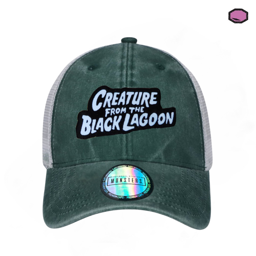 Gorra Universal Monsters Creature from the Black Lagoon Logo Clásico Verde/Blanca Tipo Trucker Deslavada