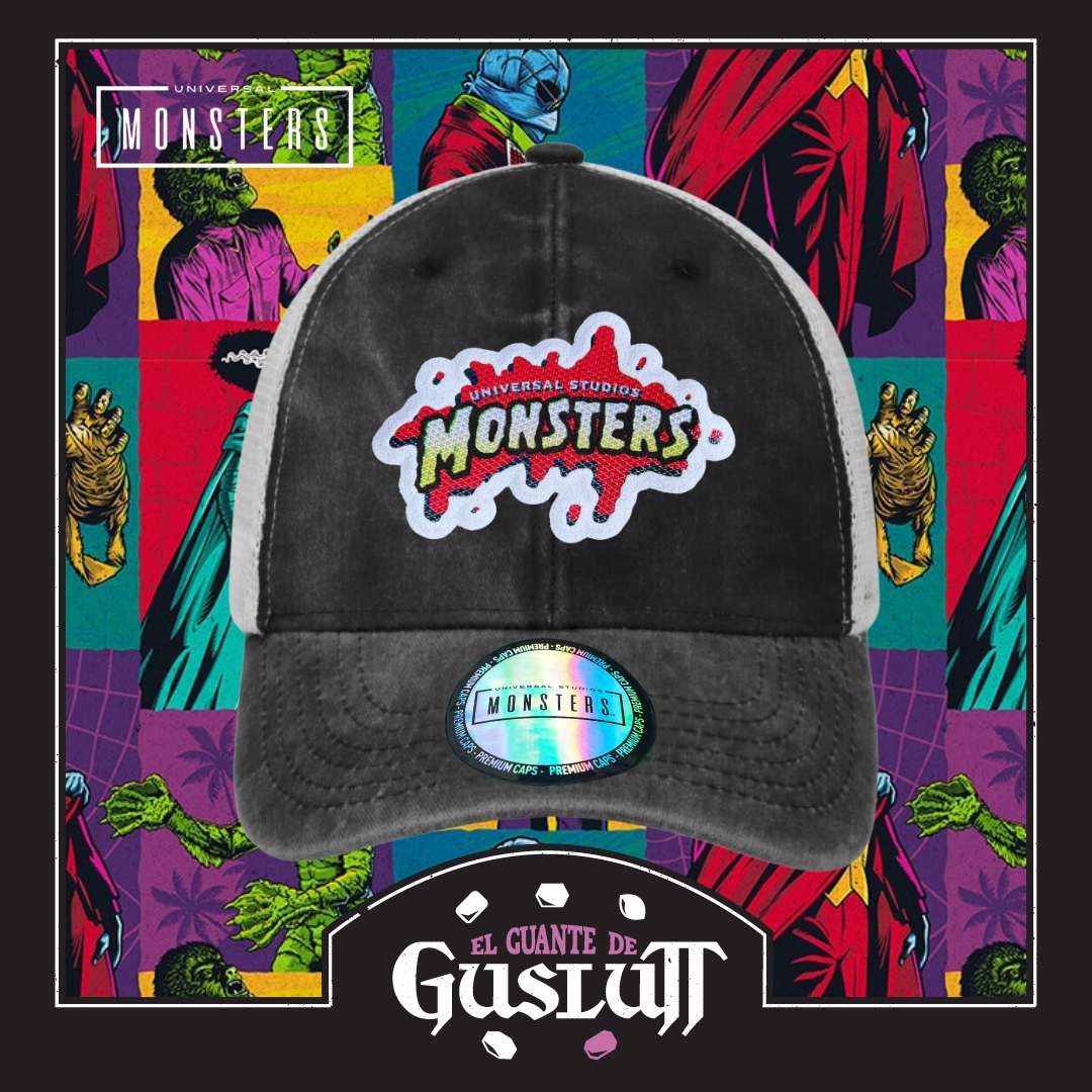 Gorra Universal Monsters Logo Gris/Blanca Tipo Trucker Deslavada
