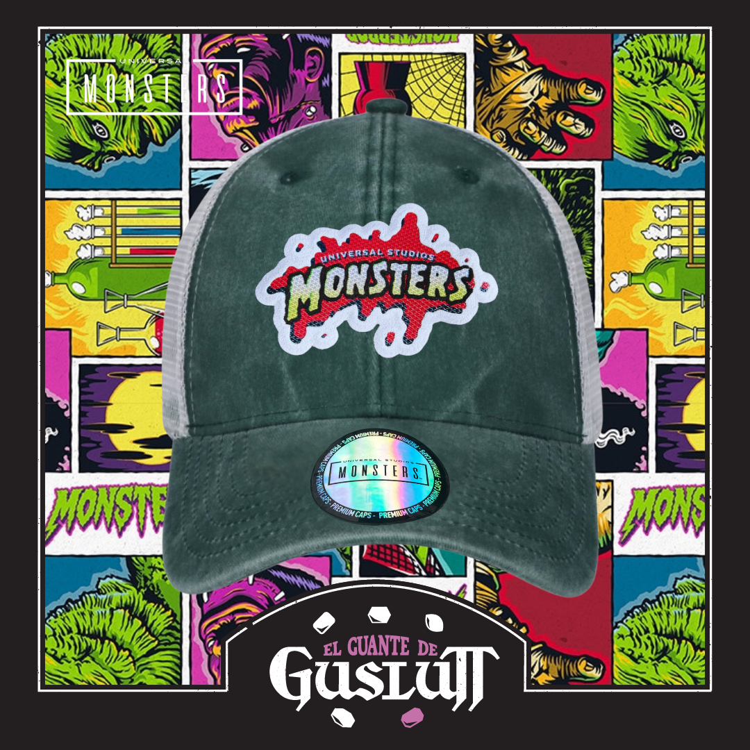 Gorra Universal Monsters Logo Verde/Blanca Tipo Trucker Deslavada