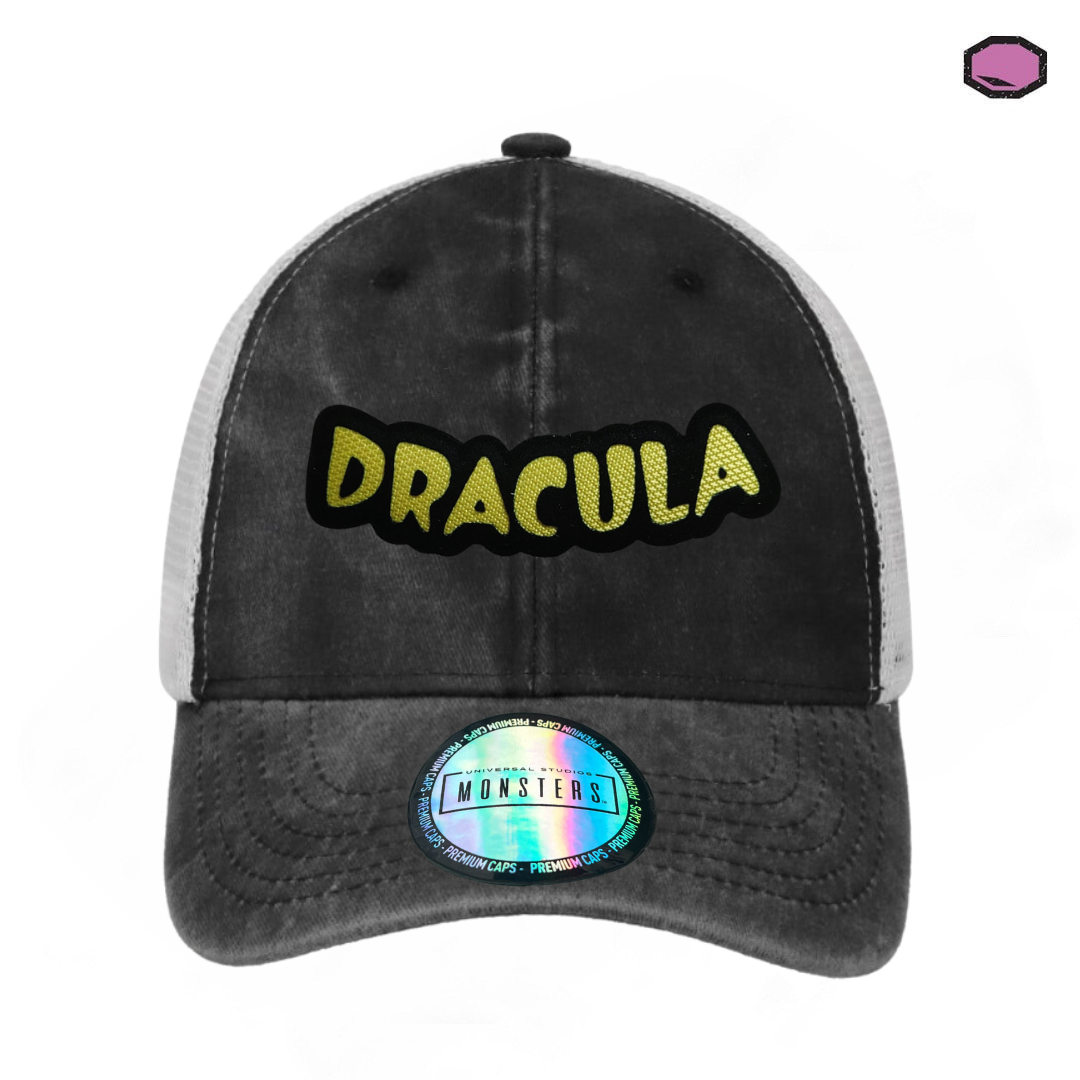 Gorra Universal Monsters Dracula Logo Clásico Gris/Blanca Tipo Trucker Deslavada