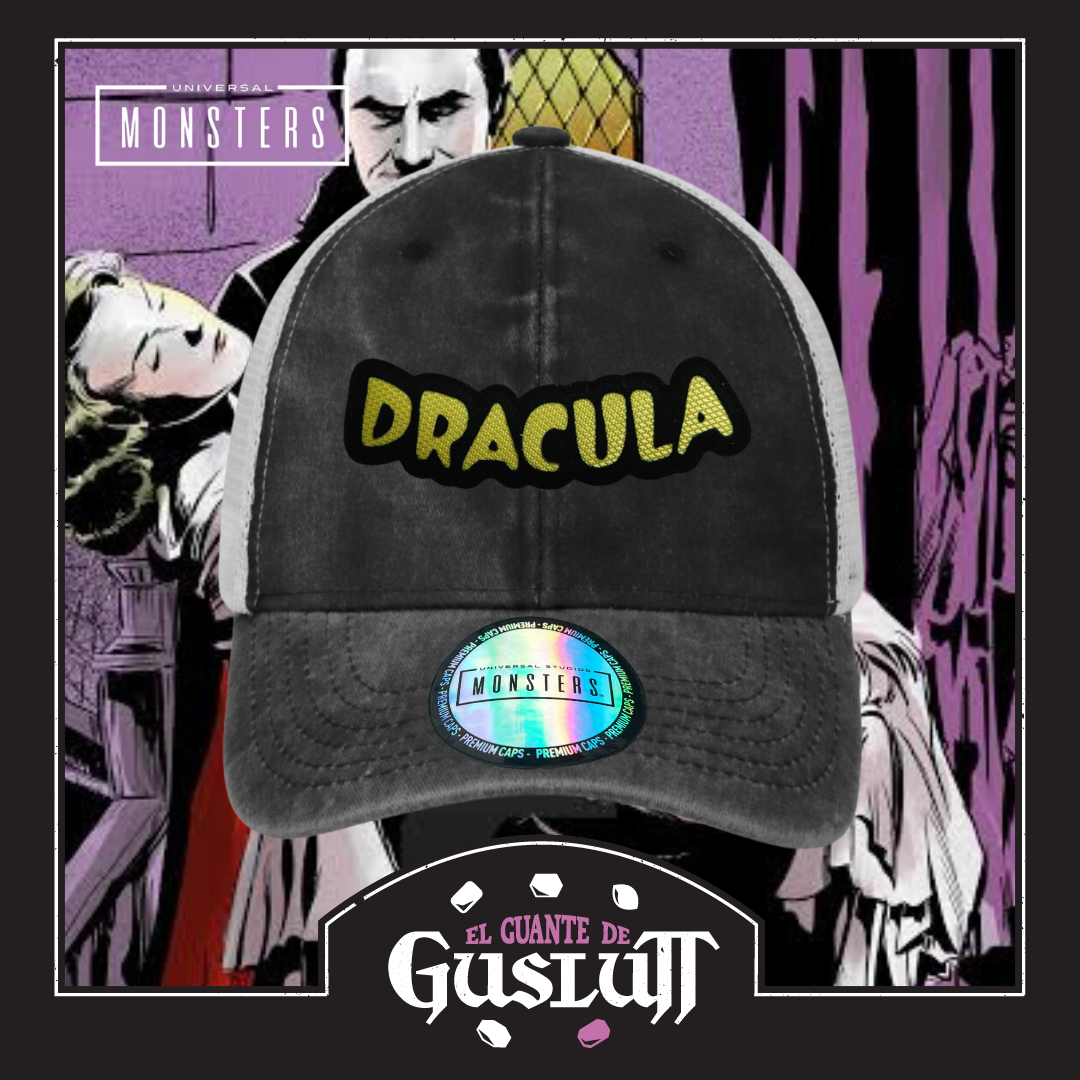 Gorra Universal Monsters Dracula Logo Clásico Gris/Blanca Tipo Trucker Deslavada
