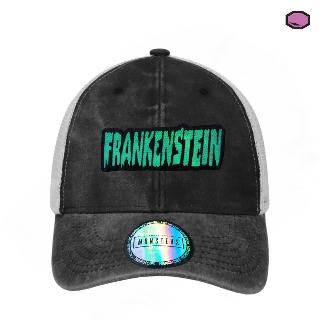 Gorra Universal Monsters Frankenstein Logo Clásico Gris/Blanca Tipo Trucker Deslavada