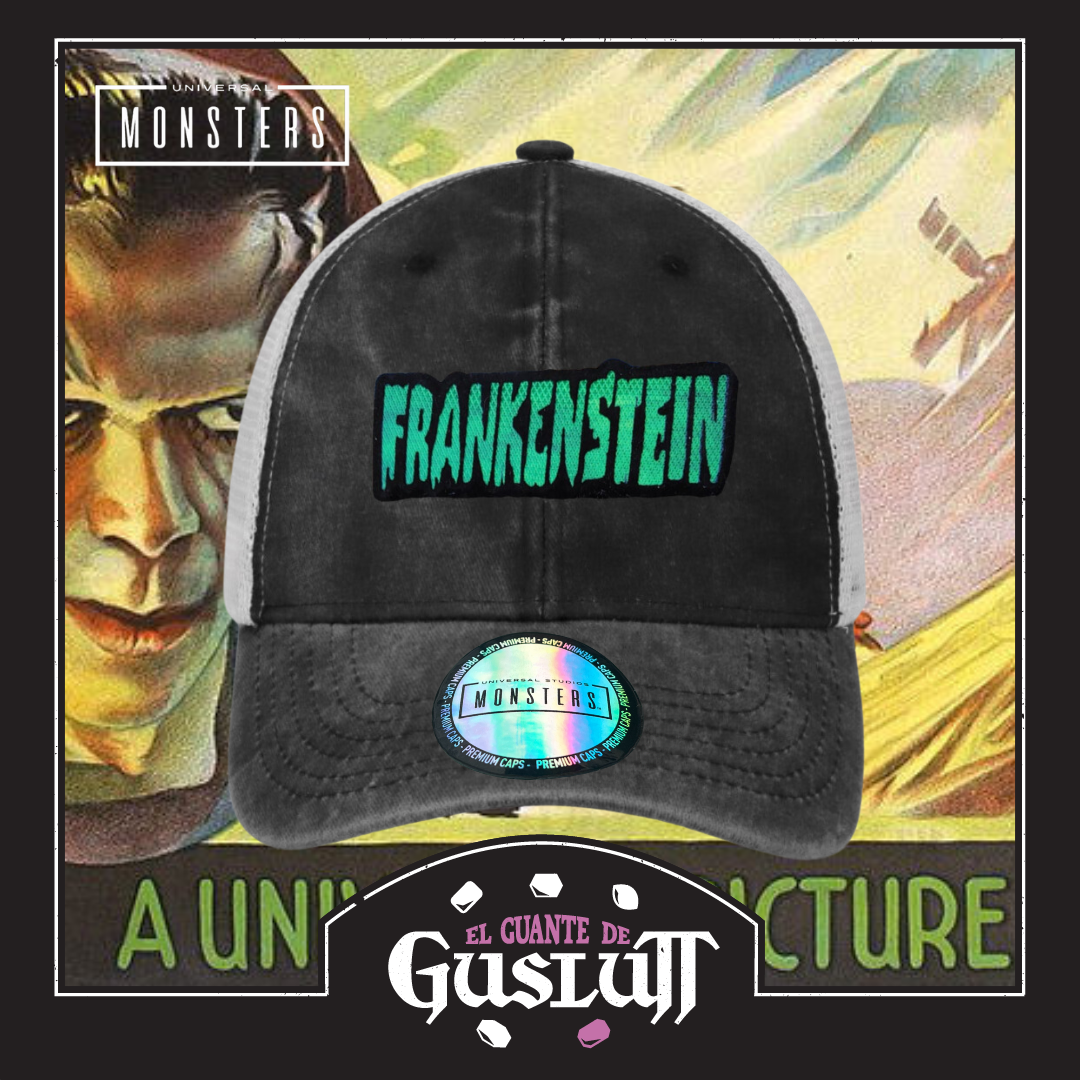 Gorra Universal Monsters Frankenstein Logo Clásico Gris/Blanca Tipo Trucker Deslavada