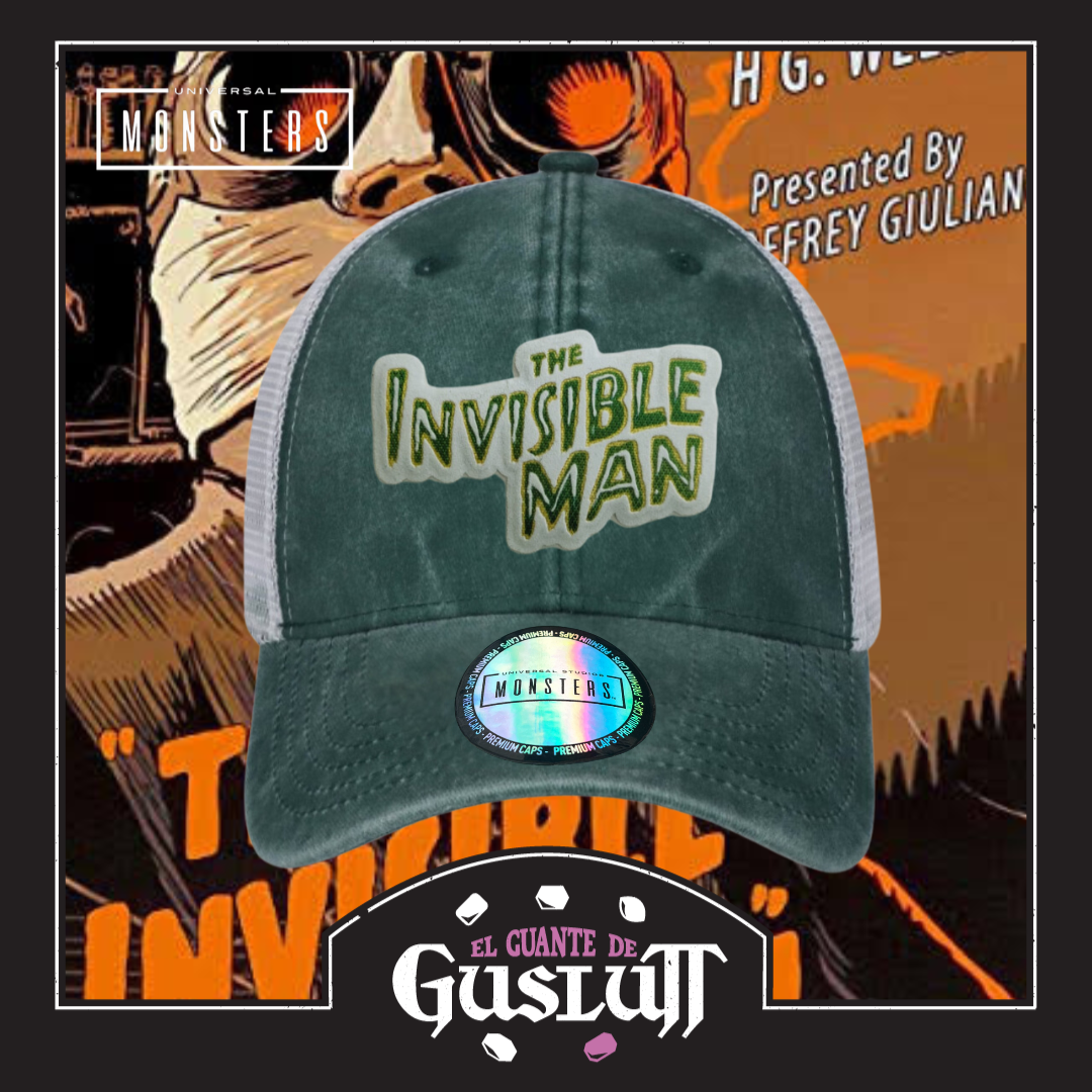 Gorra Universal Monsters The Invisible Man Logo Clásico Verde/Blanca Tipo Trucker Deslavada