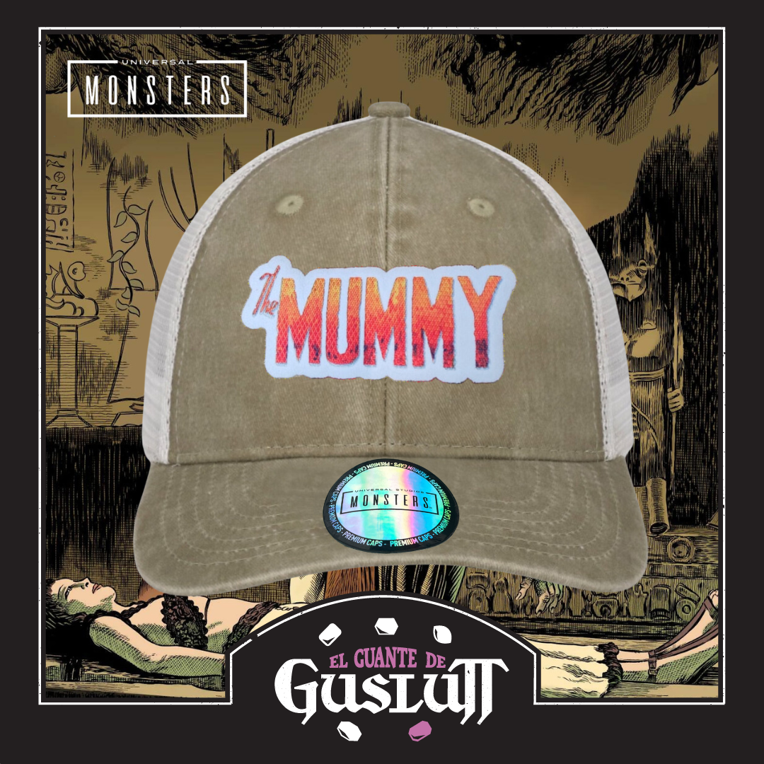 Gorra Universal Monsters The Mummy Logo Clásico Beige/Blanca Tipo Trucker Deslavada
