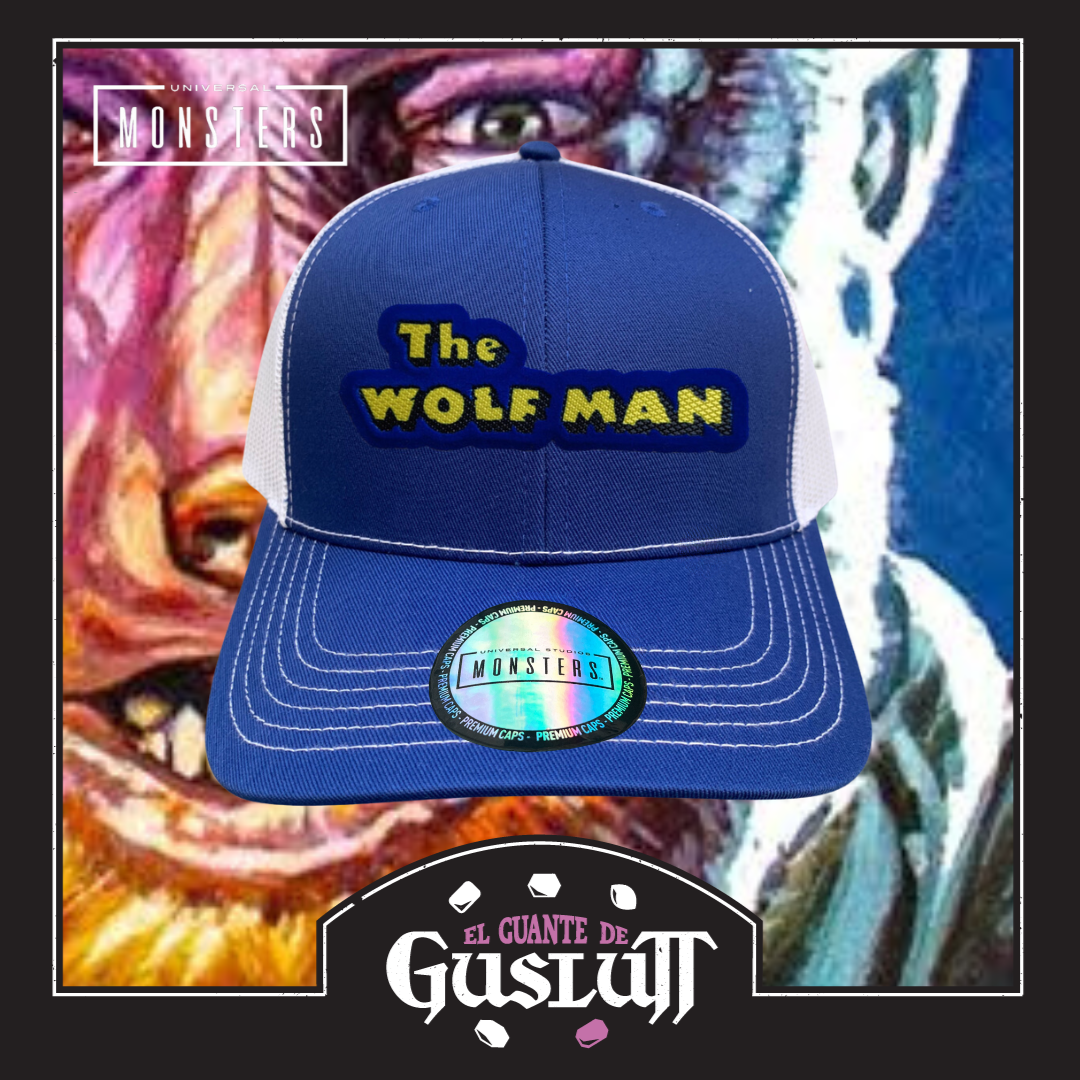 Gorra Universal Monsters The Wolf Man Logo Clásico Azul/Blanca Tipo Trucker Premium